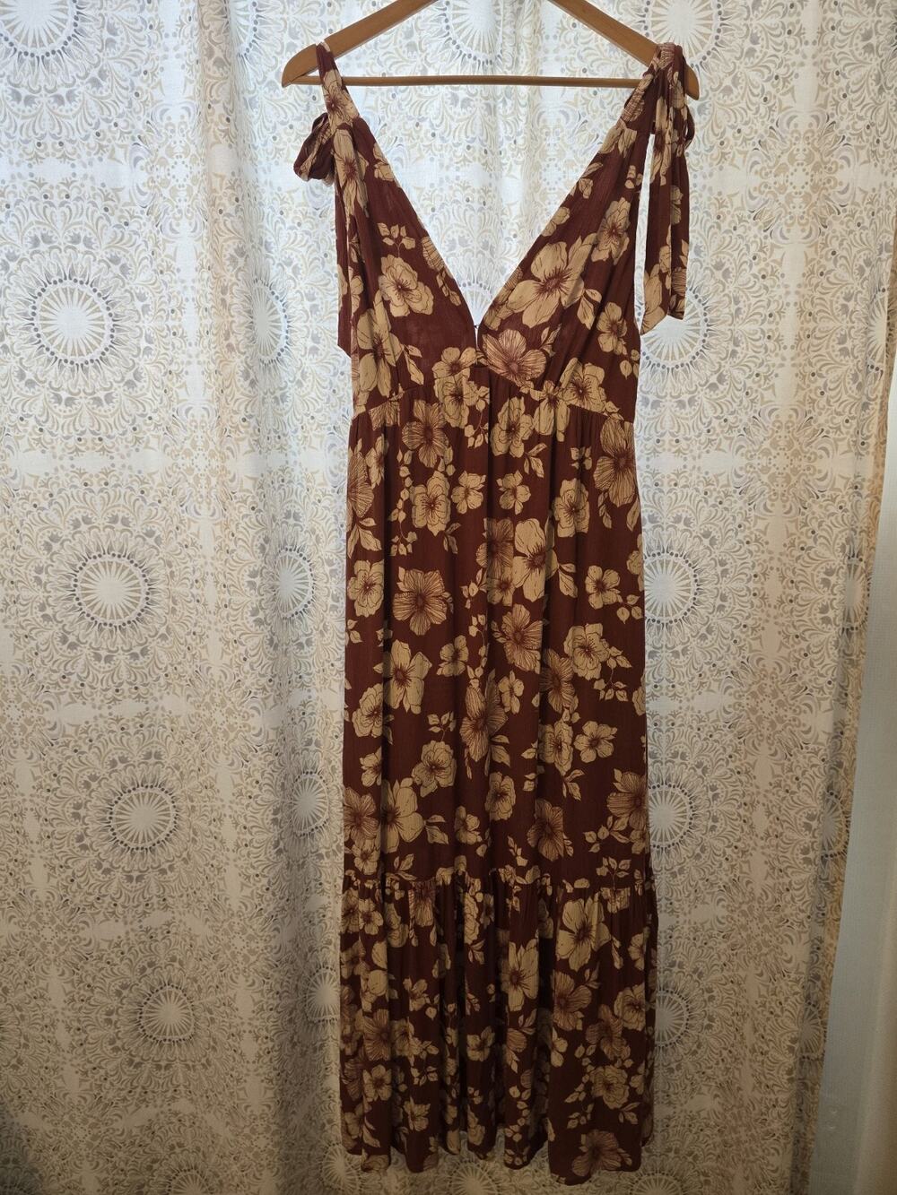 Abercrombie & Fitch Floral Maxi Tie Strap Dress Small Brown Open Back Tiered A&F